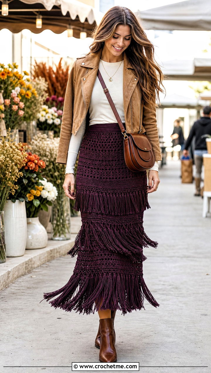 Fringe Crochet Tiered Maxi Skirt With Suede Jacket - 35 crochet tiered skirt outfit ideas