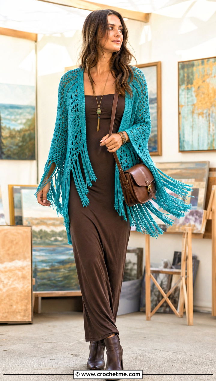 Fringe Crochet Top Shrug With Jersey Maxi Dress - 30 crochet top shrug outfit ideas