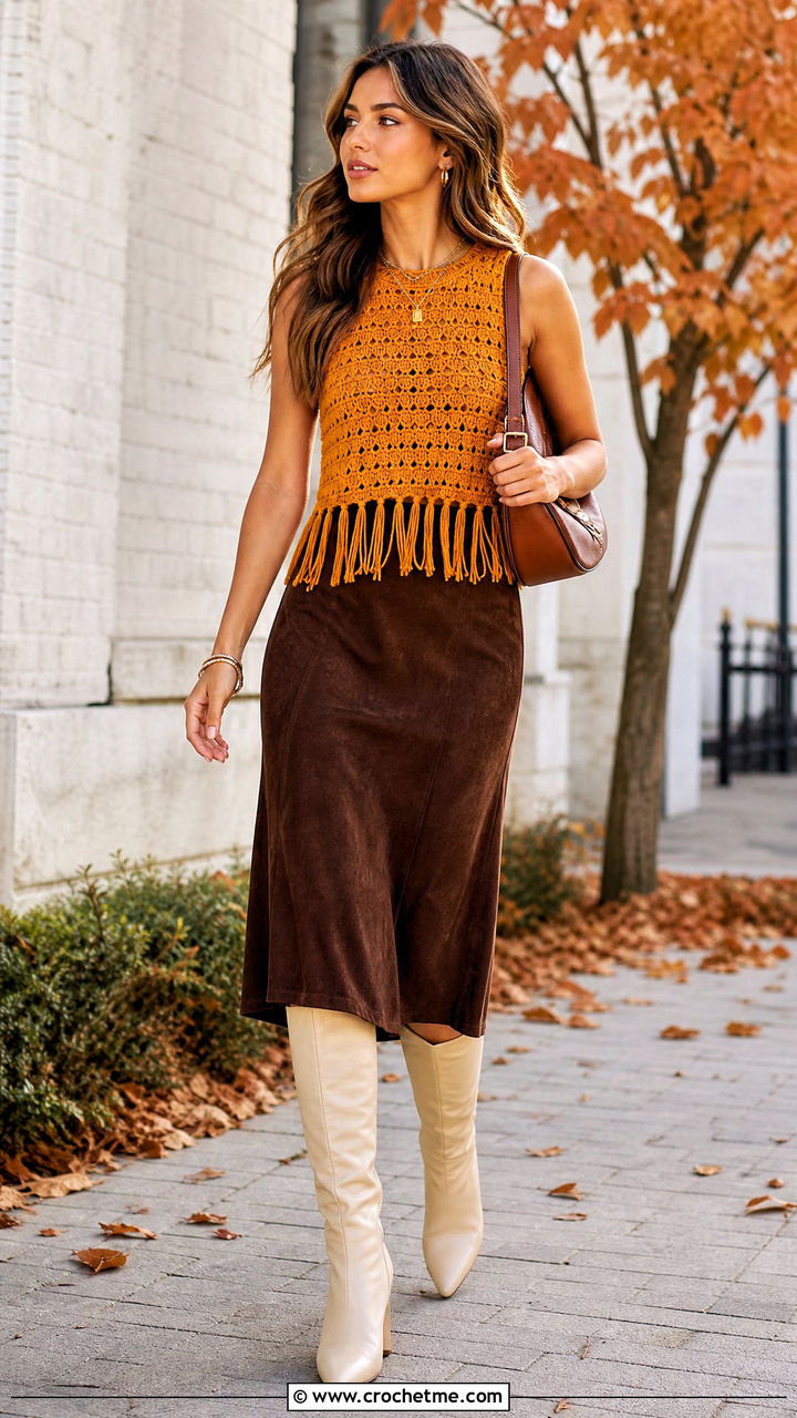 Fringe Crochet Top With A Suede Midi Skirt - 35 crochet top designs outfit ideas