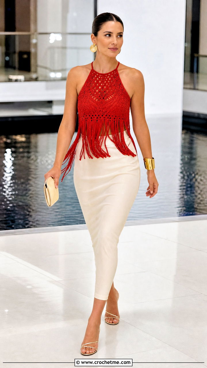 Fringe Crochet Top With Column Skirt - 35 styling crochet tops outfit ideas