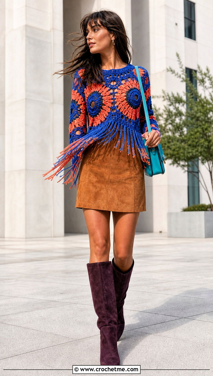Fringe Crochet Top With Suede Mini Skirt - 35 crochet womens tops outfit ideas