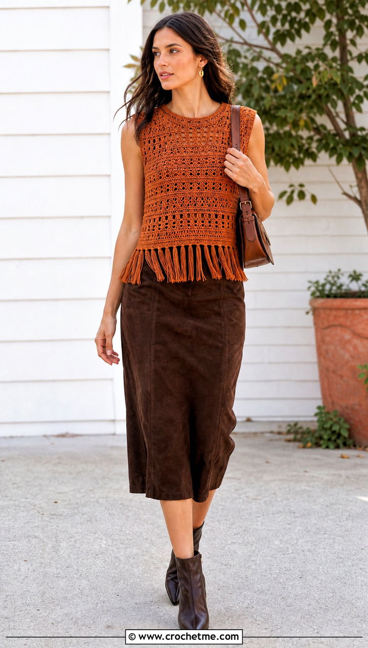 Fringe Crochet Top With Suede Skirt - 35 Women Crochet Top outfit ideas