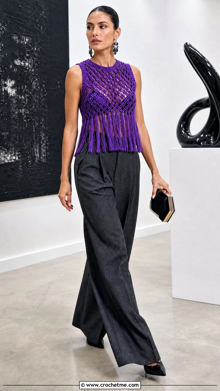 Fringe Crochet Top With Tailored Pants - 35 crochet tops for women outfit ideas