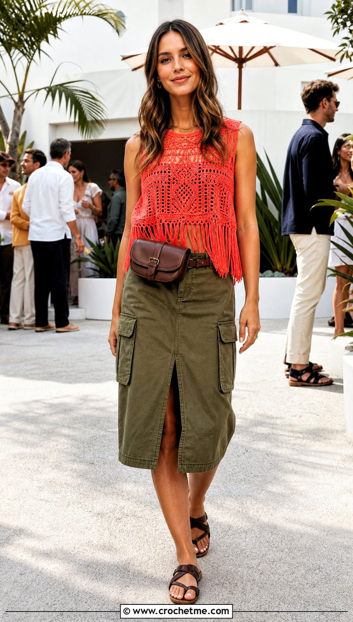 Fringe Crochet Top With Utility Midi Skirt - 15 boho crochet tops for women outfit ideas