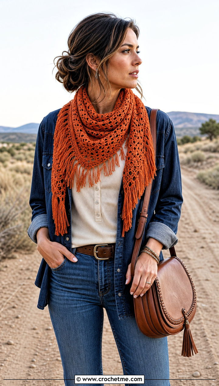 Fringe Crochet Triangle Scarf With Western Denim - 30 mini crochet scarf outfit ideas