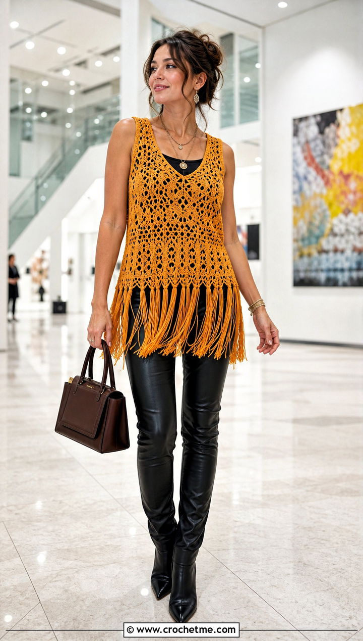 Fringe Crochet Tunic Top With Leather Pants - 35 crochet layering top outfit ideas