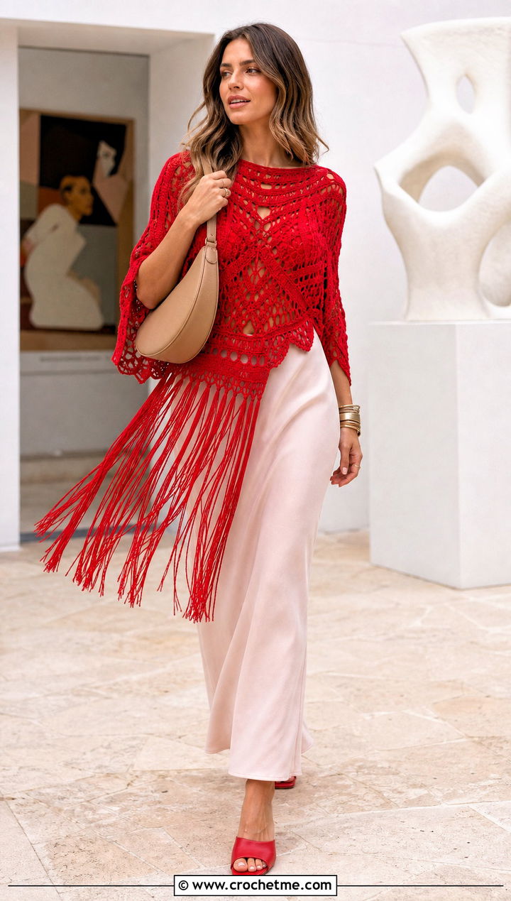 Fringe Crochet Tunic With Column Maxi Skirt - 15 crochet tunic ideas