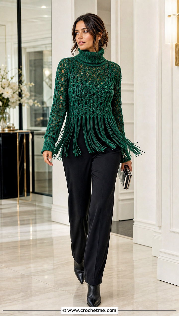 Fringe Crochet Turtleneck Top With Straight Trousers - 30 crochet turtleneck top outfit ideas