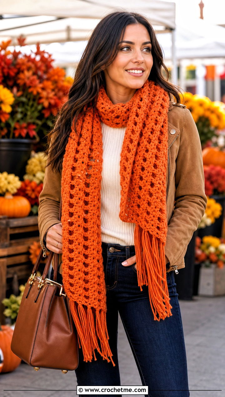 Fringe Crochet V Stitch Scarf With Suede Jacket - 30 crochet v stitch scarf outfit ideas