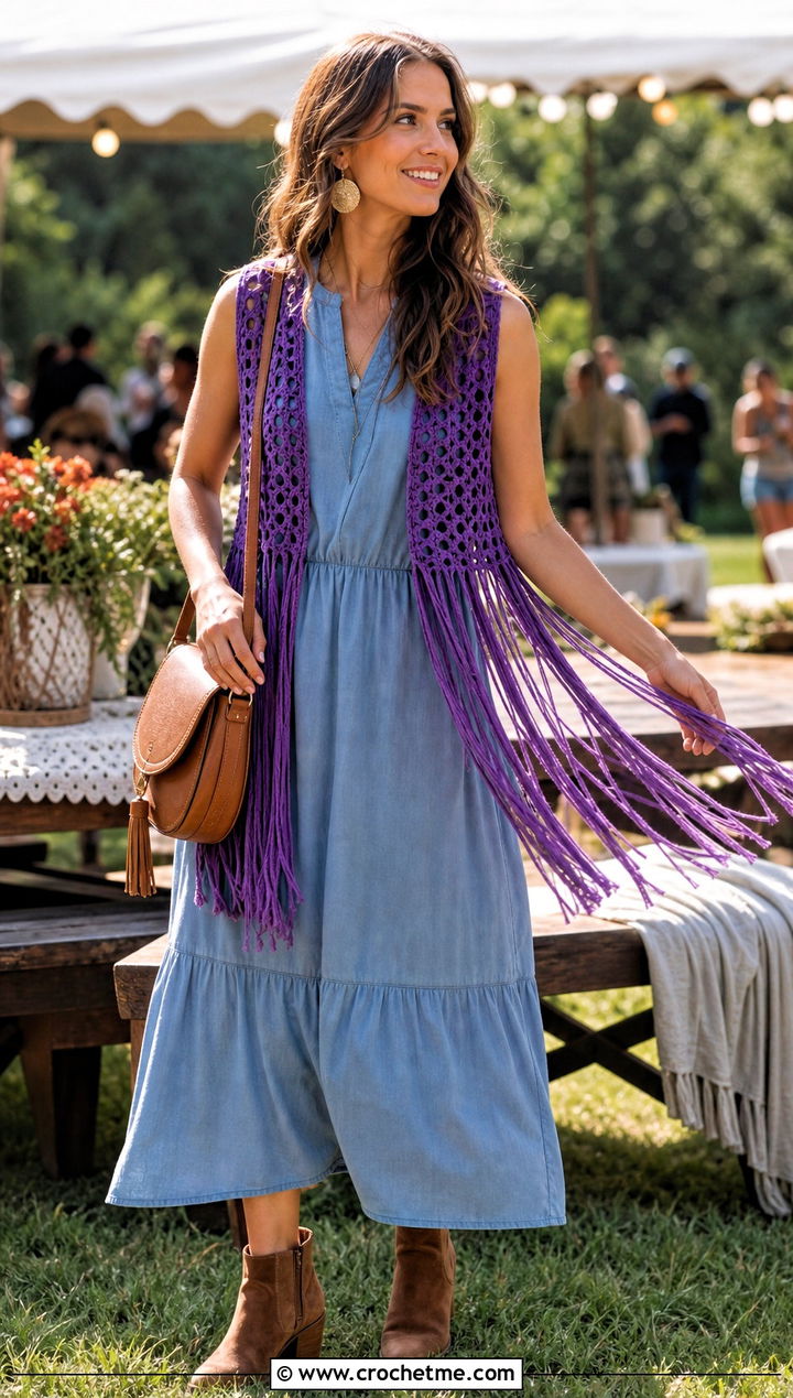 Fringe Crochet Vest With Cotton Midi Dress - 35 crochet vest outfits for women outfit ideas