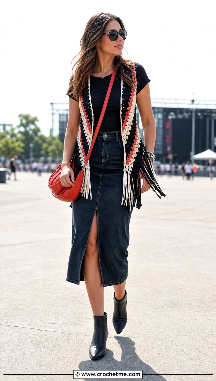 Fringe Crochet Vest With Denim Midi Skirt - 30 black and white crochet vest outfit ideas