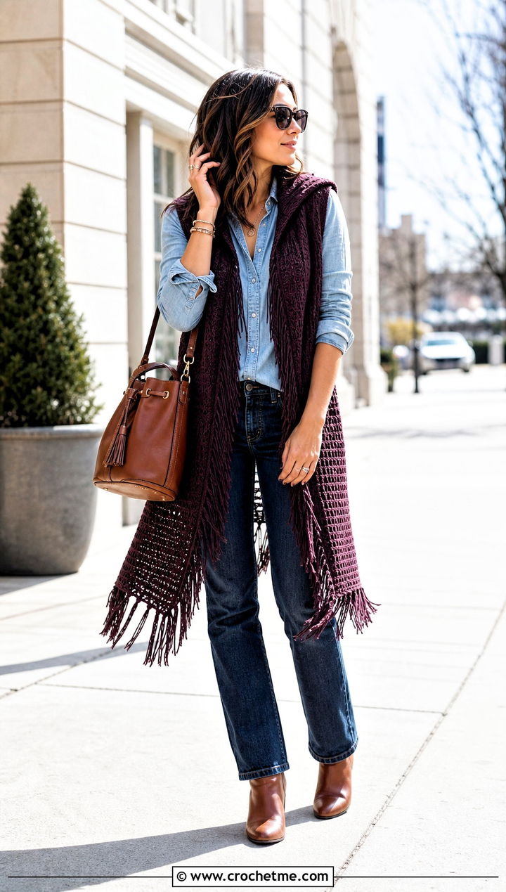 Fringe Crochet Vest With Hood And Denim Shirt - 30 crochet vest with hood outfit ideas