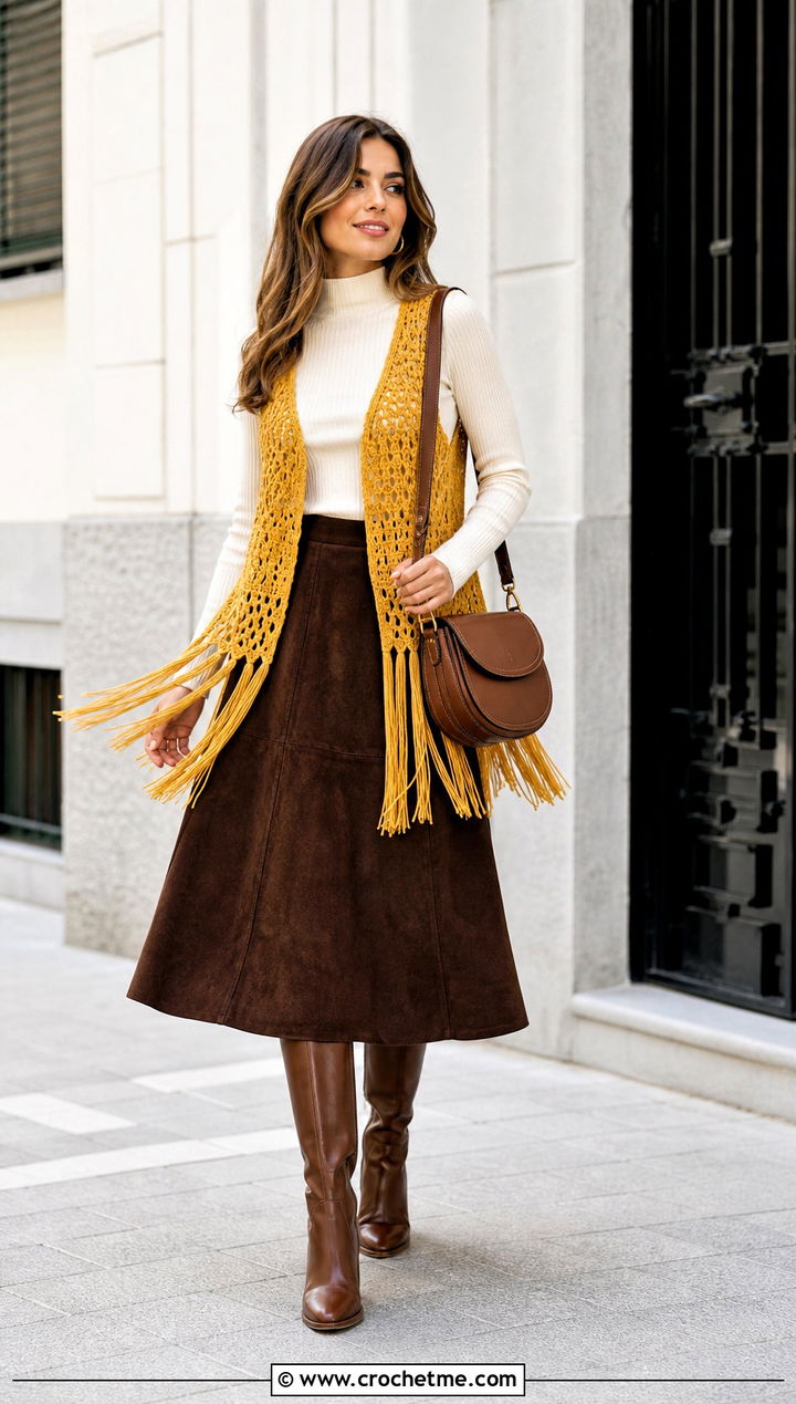 Fringe Crochet Vest With Suede Midi Skirt - 25 Easy Crochet Vest For Beginners outfit ideas