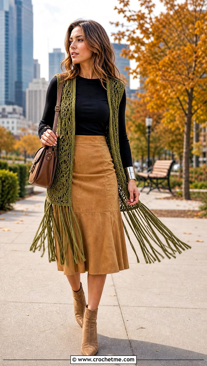 Fringe Crochet Vest With Suede Midi Skirt - 35 crochet vest for women outfit ideas