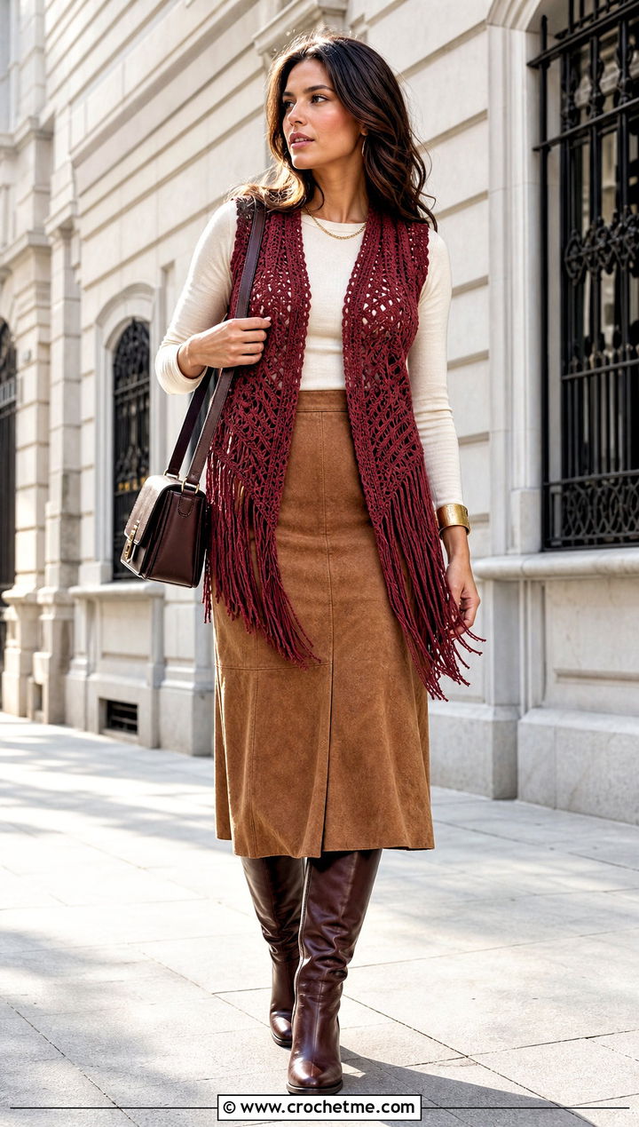 Fringe Crochet Vest With Suede Skirt - 35 crochet vest ideas