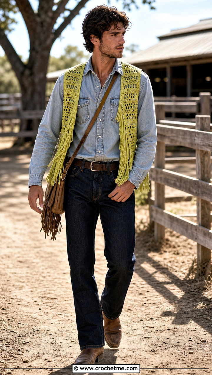 Fringe Crochet Vest With Western Shirt - 30 men's crochet vest outfit ideas