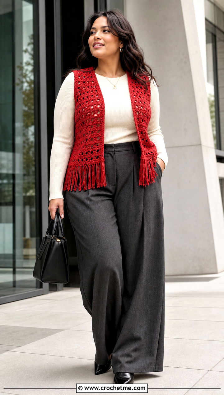 Fringe Crochet Vest With Wide Leg Trousers - 15 Crochet Fall Vest outfit ideas