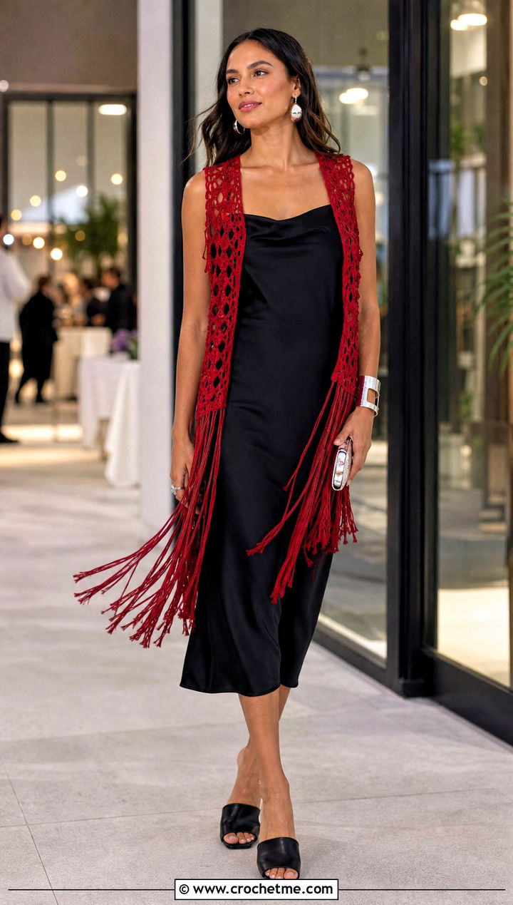 Fringe Crochet Vest With a Slip Dress - 35 crochet vests outfit ideas