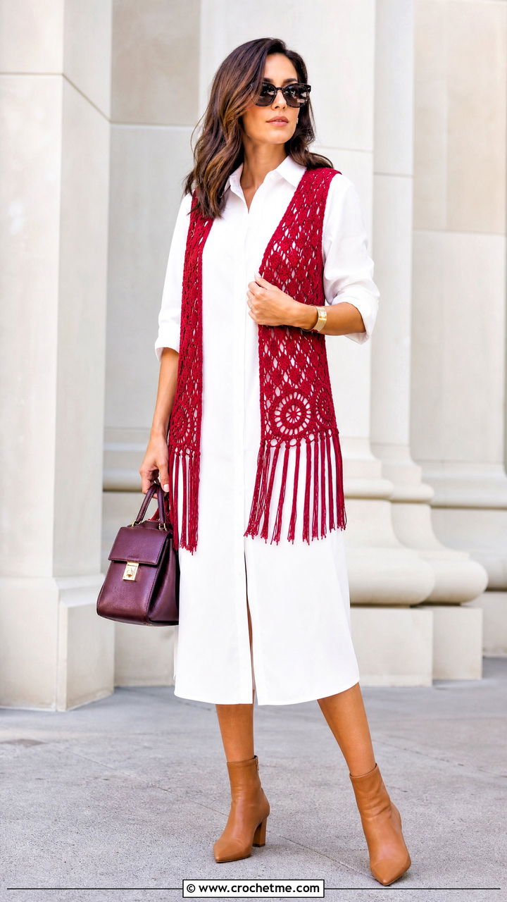 Fringe Crochet Vest With a White Shirt Dress - 35 crochet vest woman outfit ideas