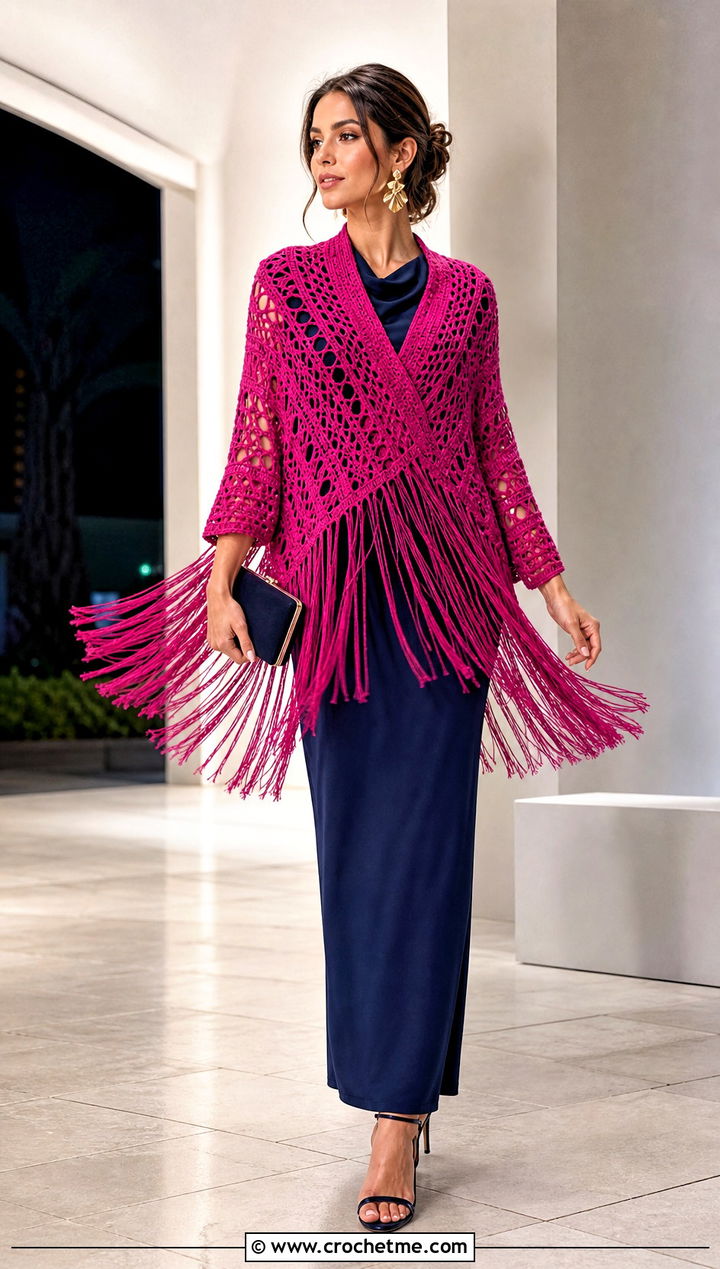 Fringe Crochet Wrap Sweater With Column Dress - 35 crochet wrap sweater outfit ideas
