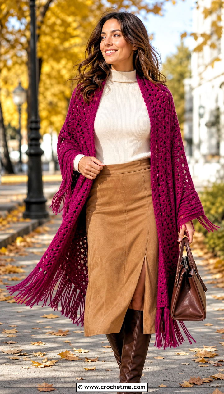 Fringe Crochet Wrap With Suede Skirt And Boots - 15 Crochet Wraps outfit ideas