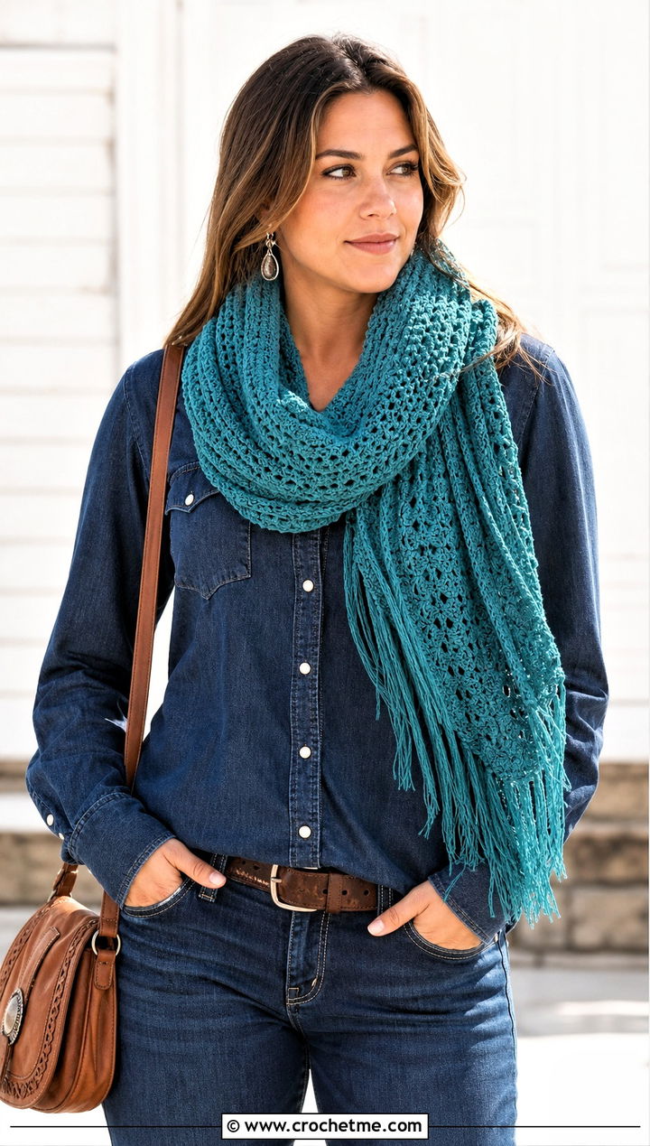 Fringe Crocheted Infinity Scarf With Western Shirt And Jeans - 25 Crocheted Infinity Scarf outfit ideas