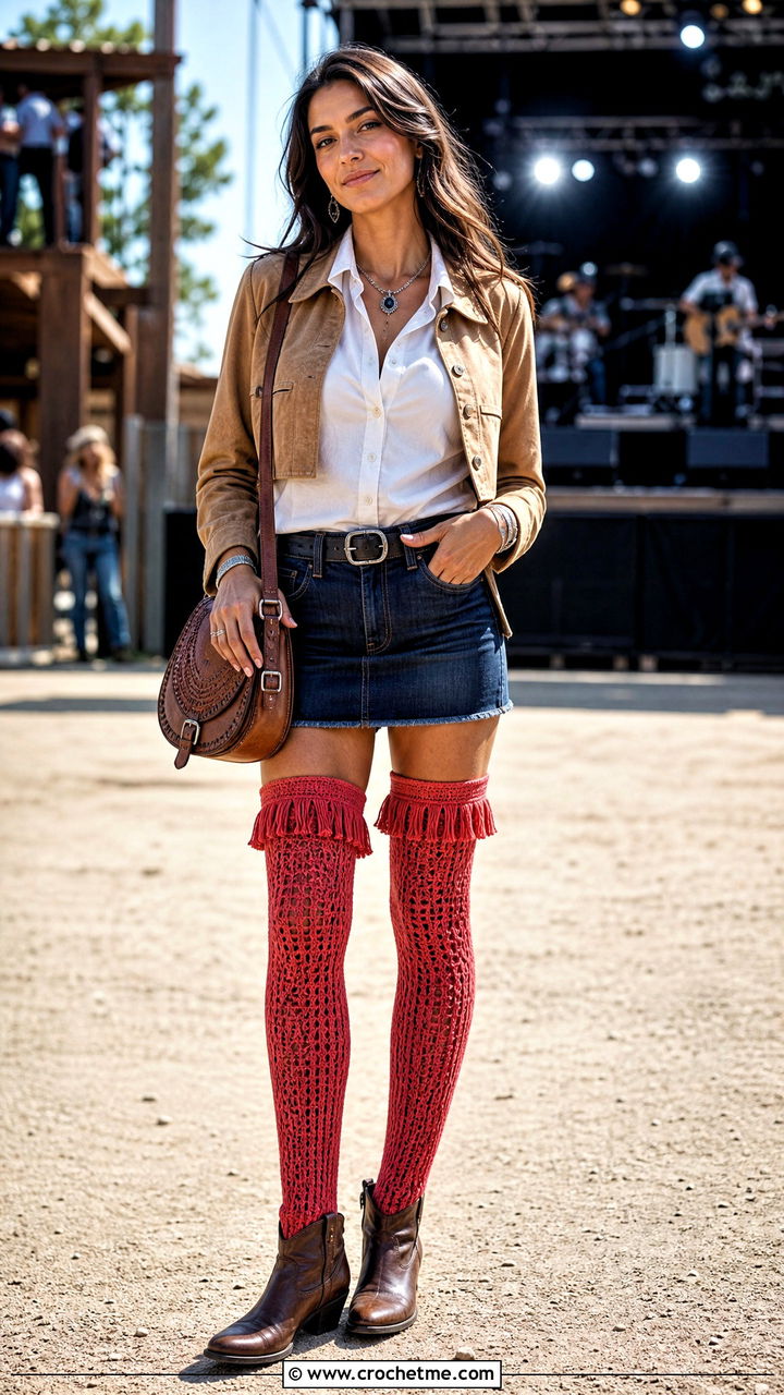 Fringe Cuff Crochet Thigh High Socks With Western Mini Skirt - 35 crochet thigh high socks outfit ideas