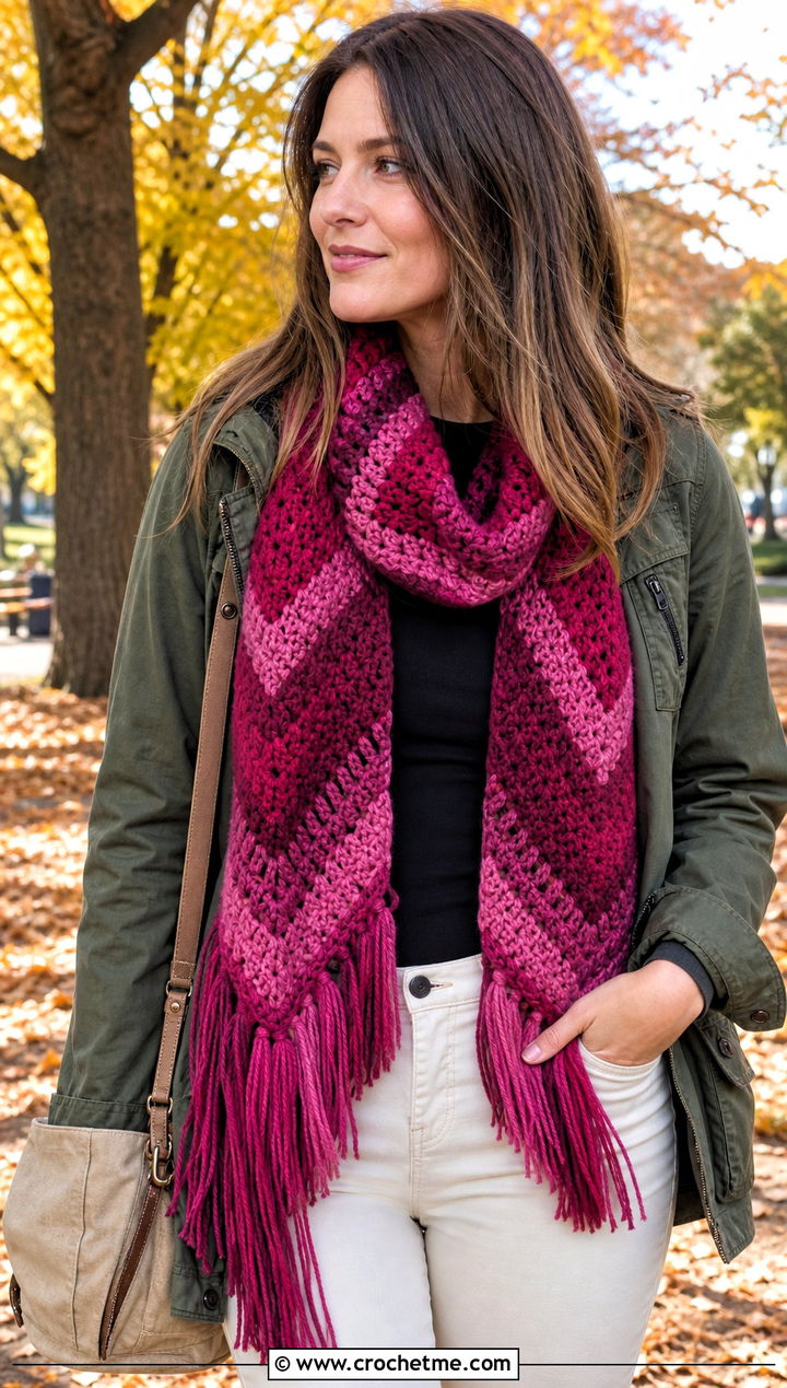 Fringe Edge Crochet Chevron Scarf With Utility Jacket - 20 Crochet Zig Zag Scarf outfit ideas