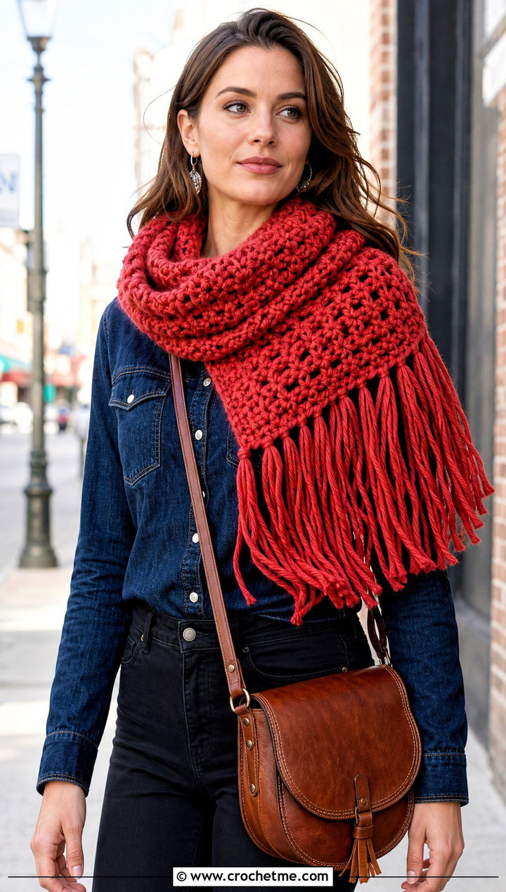 Fringe Edge Crochet Chunky Cowl With Western Shirt - 30 crochet chunky cowl outfit ideas