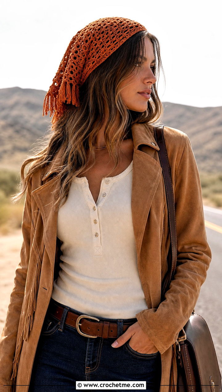 Fringe Edge Crochet Kerchief Hair Wrap With Western Outfit - 30 crochet hair wraps outfit ideas