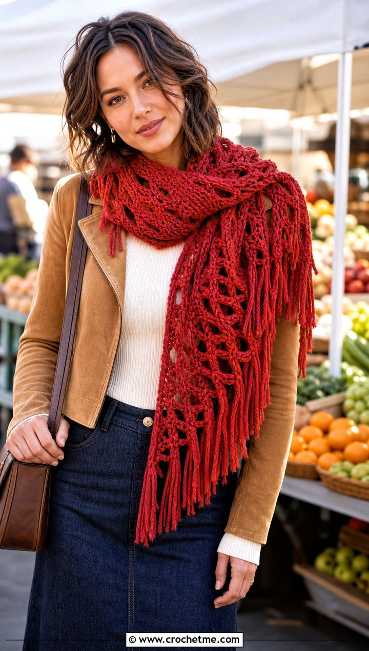 Fringe Edge Crochet Road Trip Scarf With Denim Maxi Skirt - 15 Crochet Road Trip Scarf outfit ideas