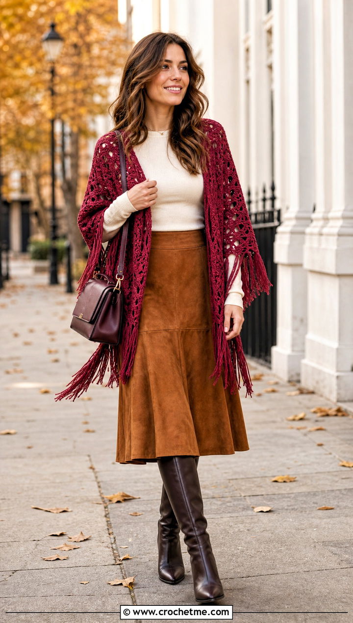 Fringe Edge Crochet Wrap Shrug With Suede Skirt - 35 Crochet Wrap Shrug outfit ideas