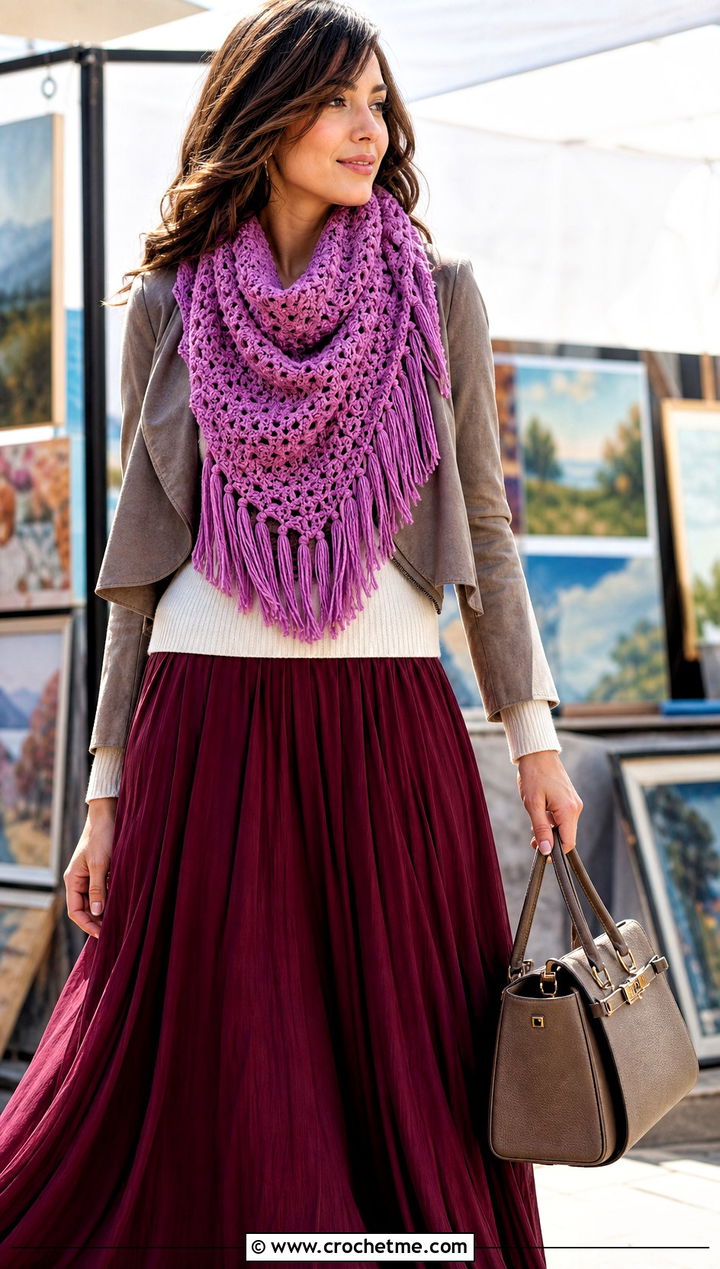 Fringe Edge Double Length Crochet Cowl With Maxi Skirt And Ankle Boots - 15 Double Length Crochet Cowl outfit ideas