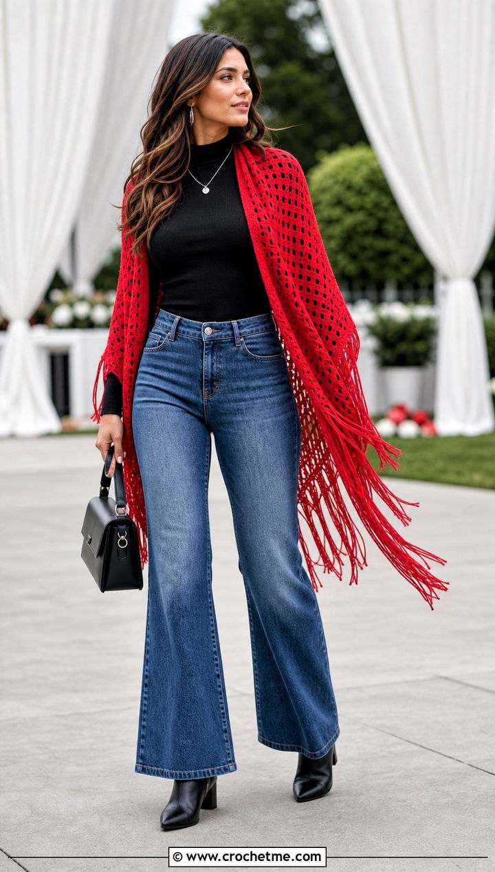 Fringe Edge Sideways Crochet Shawl With Flared Jeans - 25 Sideways Crochet Shawl outfit ideas