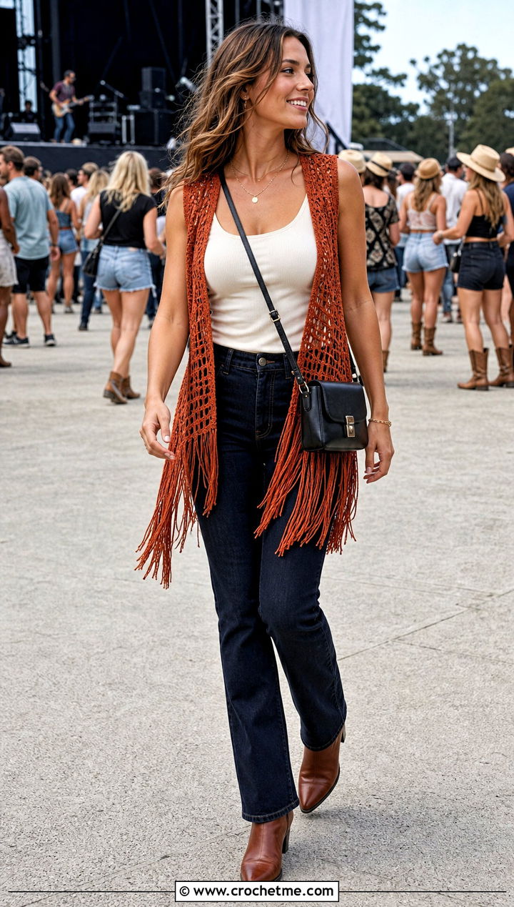 Fringe Filet Crochet Vest With Straight Jeans - 35 filet crochet vest outfit ideas