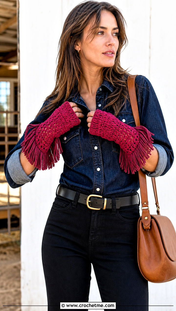 Fringe Fingerless Crochet Gloves With Western Shirt - 30 fingerless crochet gloves outfit ideas