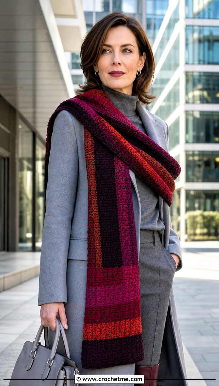 Fringe Free Burgundy Tom Baker Scarf With Monochrome Outfit - 15 crochet tom baker scarf outfit ideas