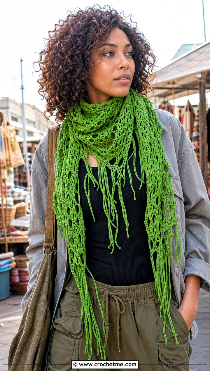 Fringe Freeform Crochet Scarf With Shacket And Cargo Pants - 25 Freeform Crochet Scarf outfit ideas