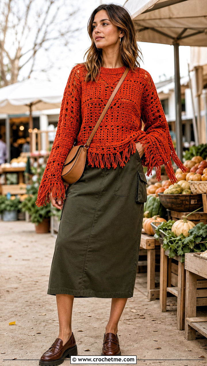 Fringe Freeform Crochet Sweater With Utility Skirt - 30 freeform crochet sweater outfit ideas