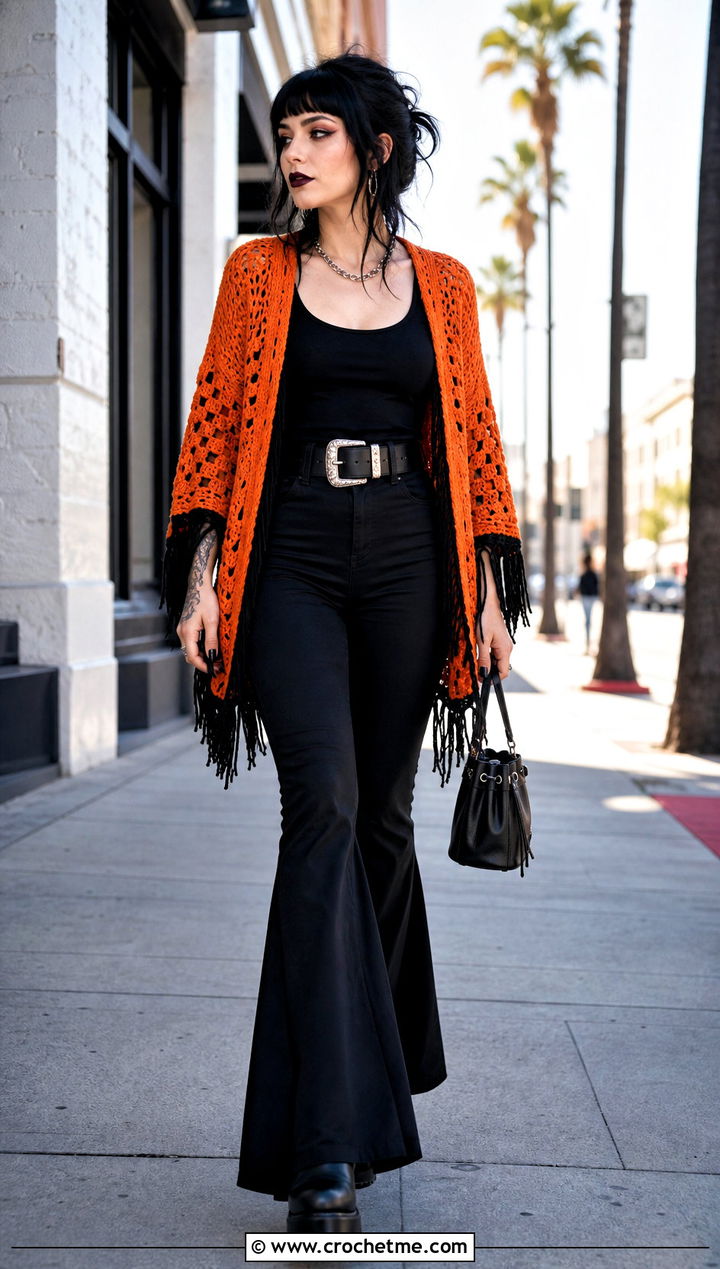 Fringe Goth Crochet Cardigan With Flared Pants - 15 goth crochet cardigan outfit ideas