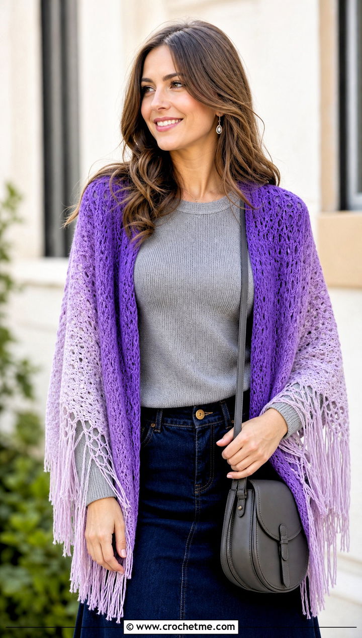 Fringe Gradient Shawl With Denim Skirt - 15 Crochet Gradient Shawl outfit ideas