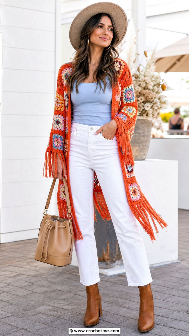 Fringe Granny Cardigan With White Jeans - 35 crochet granny cardigan outfit ideas