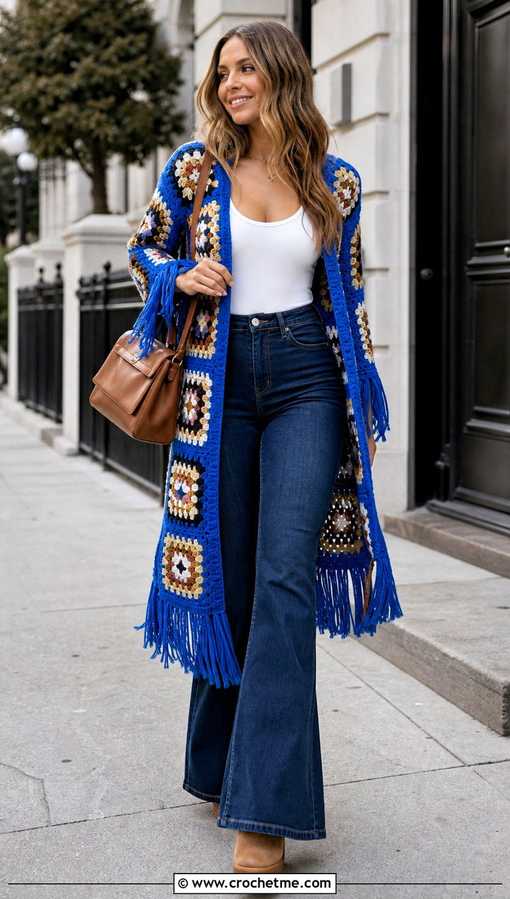 Fringe Granny Square Coat With Flared Jeans - 30 granny square coat outfit ideas