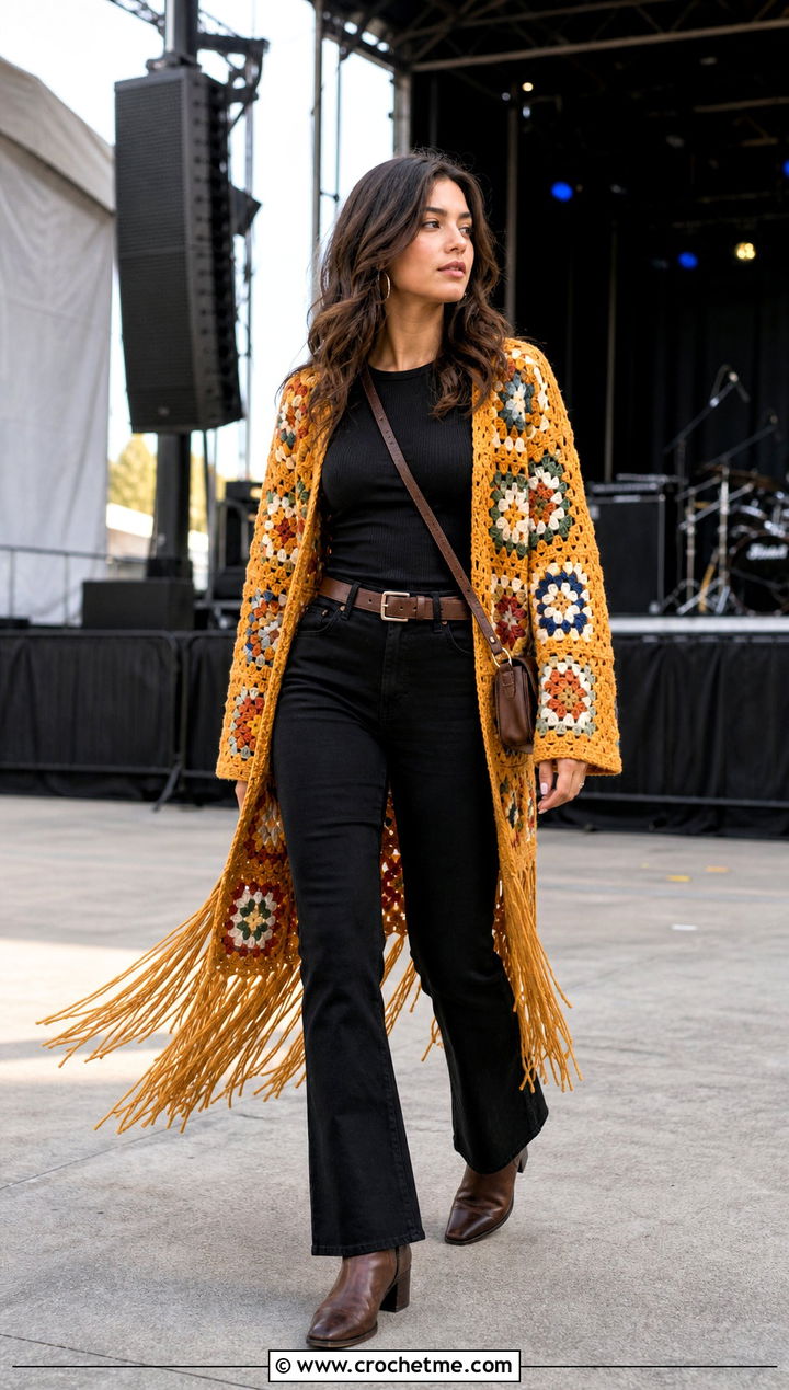 Fringe Granny Square Crochet Coat With Black Denim - 25 Granny Square Crochet Coat outfit ideas