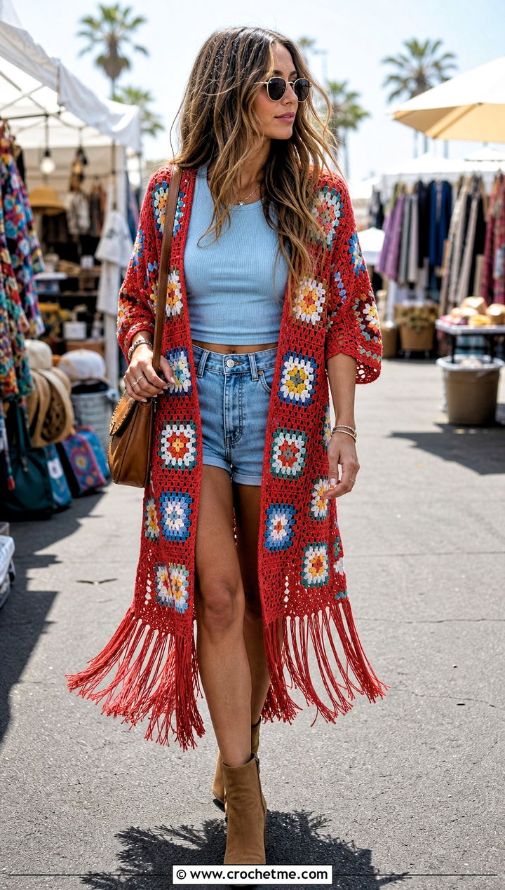 Fringe Granny Square Crochet Duster With Denim Shorts - 15 Granny Square Crochet Duster outfit ideas