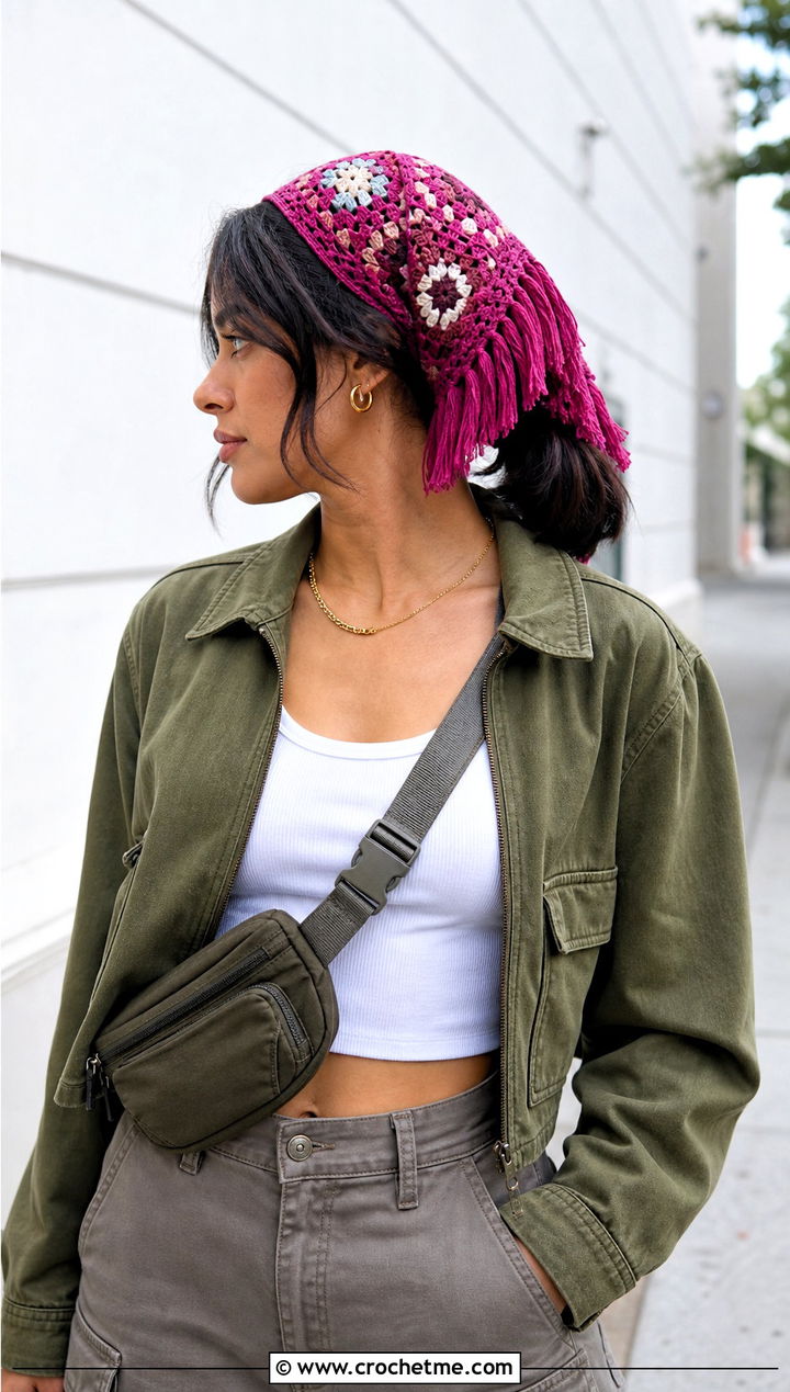 Fringe Granny Square Hair Scarf With Utility Jacket And Cargo Pants - 25 granny square hair scarf outfit ideas