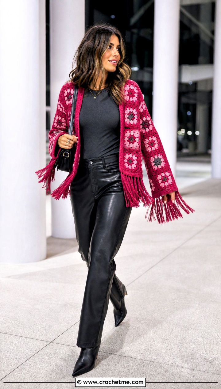 Fringe Granny Square Jacket With Leather Pants - 30 granny square jackets outfit ideas