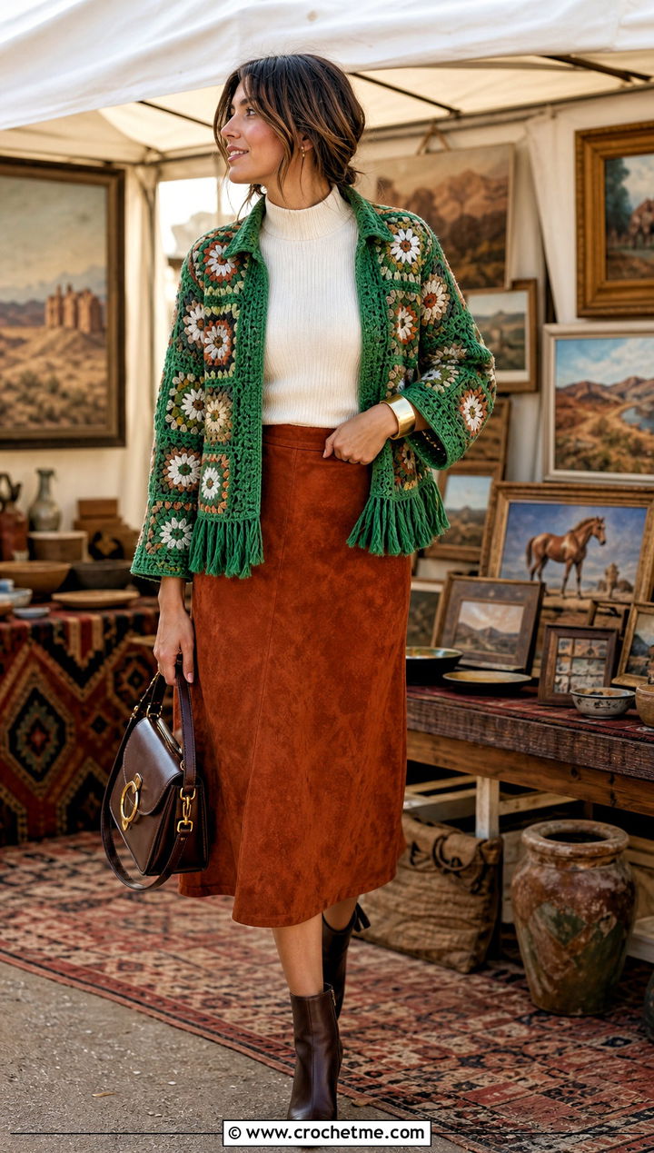Fringe Granny Square Jacket With Suede Midi Skirt - 35 granny square crochet cardigan jacket outfit ideas