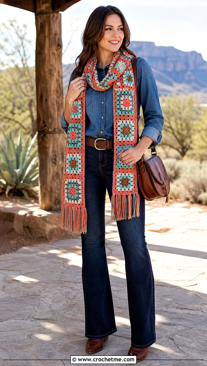 Fringe Granny Square Scarf With Western Denim - 35 granny crochet scarf outfit ideas