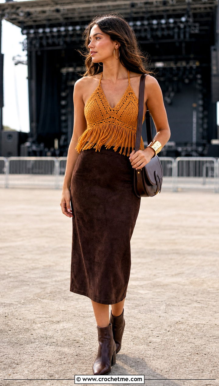 Fringe Halter Crochet Cropped Top With Suede Midi Skirt - 20 Crochet Cropped Top outfit ideas